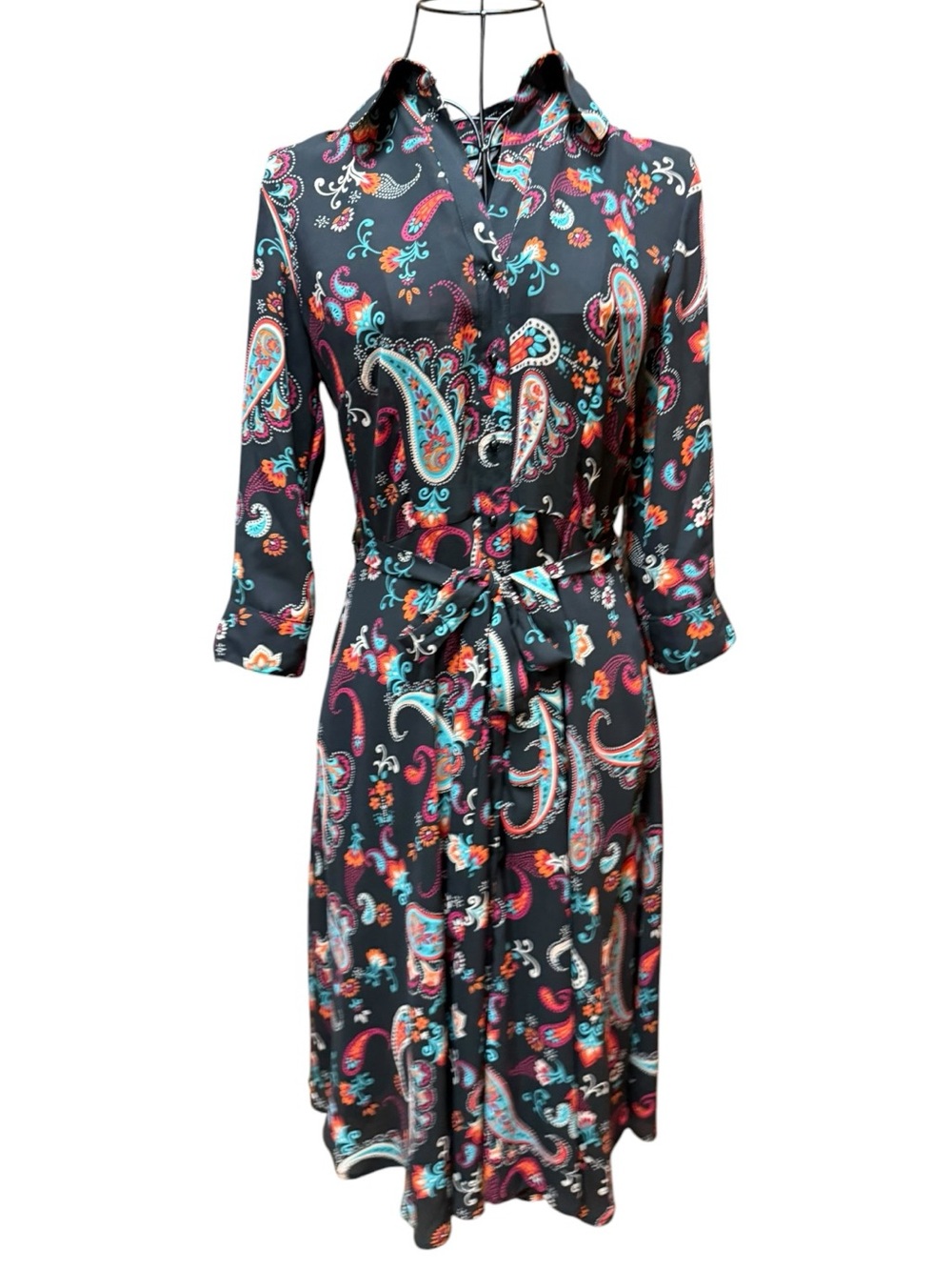 NWOT Nanette Lepore Black Paisley Shirt Dress Tie Waist office chic